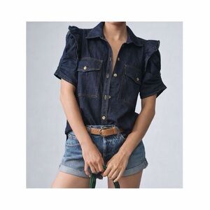 NWT Anthropologie Pilcro Ozzie Ruffle Sleeve Denim Buttondown Shirt M